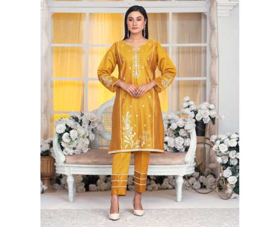 Bint al Bilaad Khadi Viscose Stylish Embroidered Suit For Women - Yellow - Pack of 2 PCS Bint al Bilaad Khadi Viscose Stylish Embroidered Suit For Women - Yellow - Pack of 2 PCS