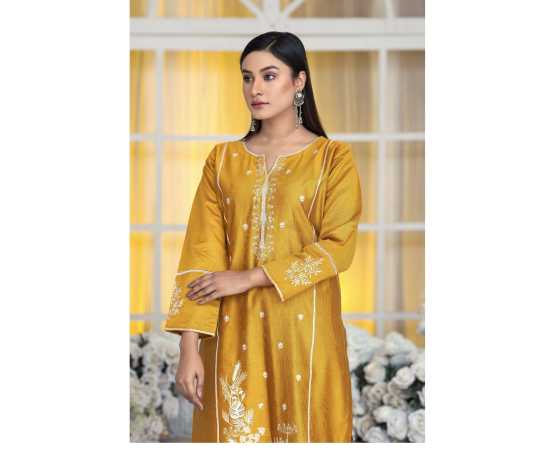 Bint al Bilaad Khadi Viscose Stylish Embroidered Suit For Women - Yellow - Pack of 2 PCS Bint al Bilaad Khadi Viscose Stylish Embroidered Suit For Women - Yellow - Pack of 2 PCS