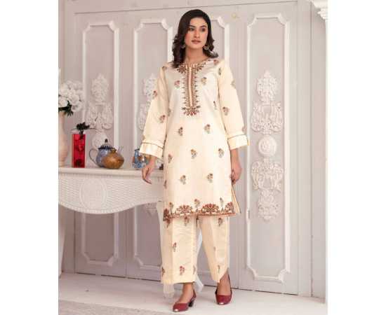 Bint al Bilaad Khadi Viscose Embroidered Suit For Women - Off White - Pack of 2 PCS Bint al Bilaad Khadi Viscose Embroidered Suit For Women - Off White - Pack of 2 PCS