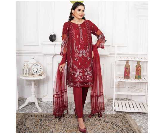 Bint al Bilaad Fancy Embroidered Suit For Women - Red - Pack of 3 PCS Bint al Bilaad Fancy Embroidered Suit For Women - Red - Pack of 3 PCS