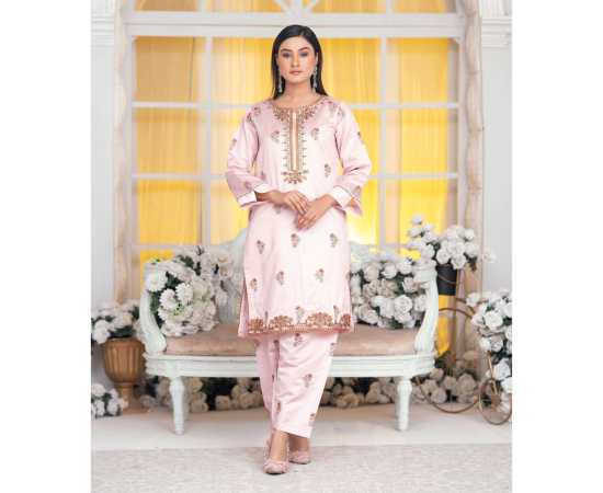 Bint al Bilaad Khadi Viscose Fancy Embroidered Suit For Women - Light Pink - Pack of 2 PCS Bint al Bilaad Khadi Viscose Fancy Embroidered Suit For Women - Light Pink - Pack of 2 PCS