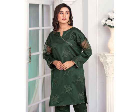 Bint al Bilaad Khadi Viscose Embroidered Suit For Women - Dark Green - Pack of 2 PCS Bint al Bilaad Khadi Viscose Embroidered Suit For Women - Dark Green - Pack of 2 PCS
