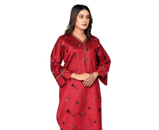 Bint al Bilaad Khadi Viscose Fancy Embroidered Suit For Women - Red - Pack of 2 PCS Bint al Bilaad Khadi Viscose Fancy Embroidered Suit For Women - Red - Pack of 2 PCS