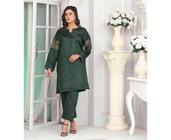Bint al Bilaad Khadi Viscose Embroidered Suit For Women - Dark Green - Pack of 2 PCS Bint al Bilaad Khadi Viscose Embroidered Suit For Women - Dark Green - Pack of 2 PCS
