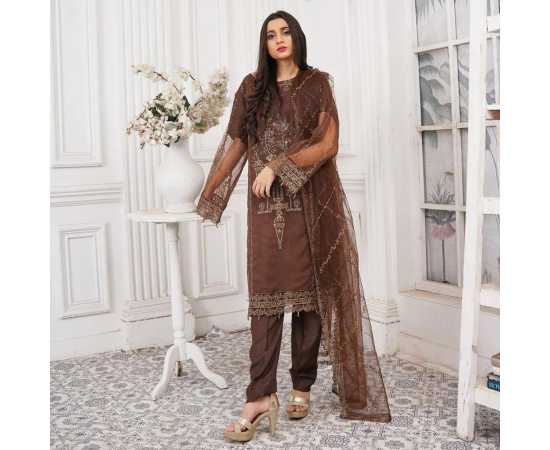Bint al Bilaad Fancy Stylish Embroidered Suit For Women - Brown - Pack of 3 PCS Bint al Bilaad Fancy Stylish Embroidered Suit For Women - Brown - Pack of 3 PCS