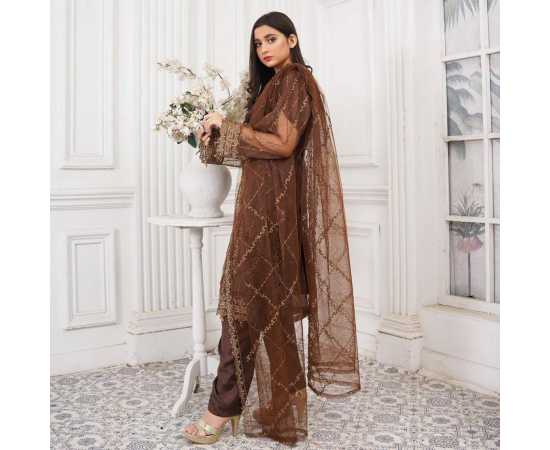 Bint al Bilaad Fancy Stylish Embroidered Suit For Women - Brown - Pack of 3 PCS Bint al Bilaad Fancy Stylish Embroidered Suit For Women - Brown - Pack of 3 PCS