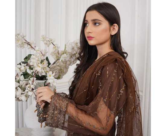 Bint al Bilaad Fancy Stylish Embroidered Suit For Women - Brown - Pack of 3 PCS Bint al Bilaad Fancy Stylish Embroidered Suit For Women - Brown - Pack of 3 PCS