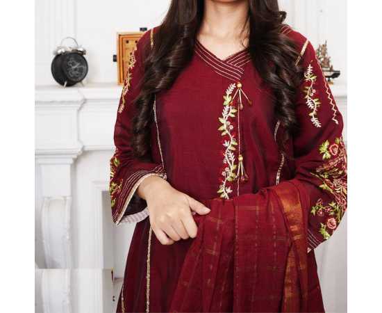 Bint al Bilaad Fancy Stylish Embroidered Suit For Women - Red - Pack of 3 PCS Bint al Bilaad Fancy Stylish Embroidered Suit For Women - Red - Pack of 3 PCS