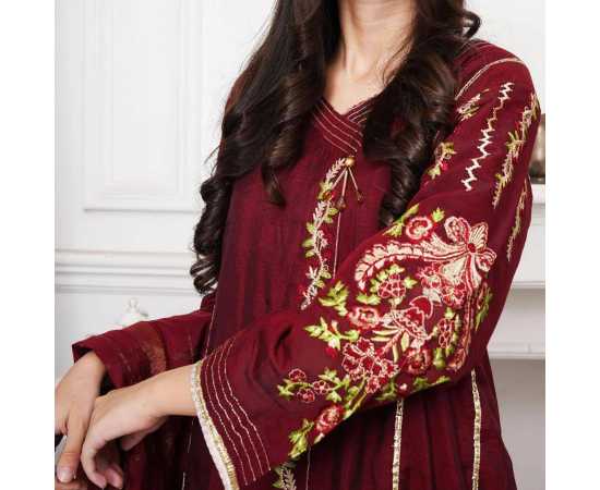 Bint al Bilaad Fancy Stylish Embroidered Suit For Women - Red - Pack of 3 PCS Bint al Bilaad Fancy Stylish Embroidered Suit For Women - Red - Pack of 3 PCS