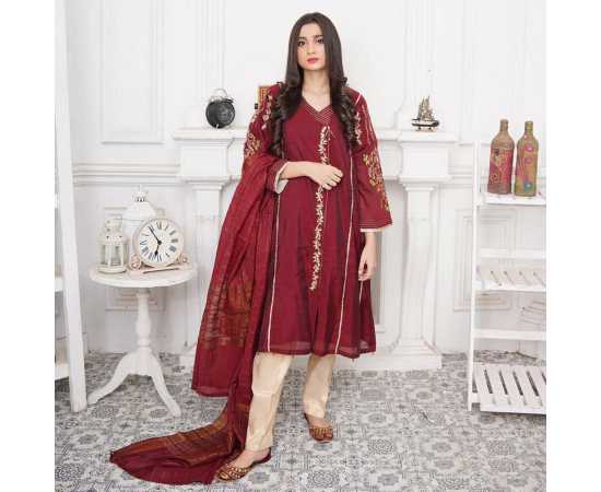 Bint al Bilaad Fancy Stylish Embroidered Suit For Women - Red - Pack of 3 PCS Bint al Bilaad Fancy Stylish Embroidered Suit For Women - Red - Pack of 3 PCS