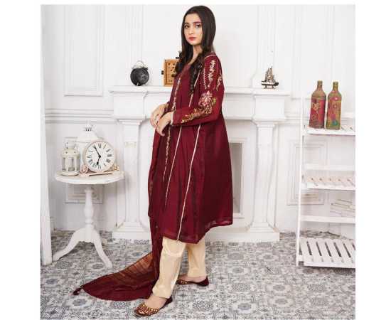 Bint al Bilaad Fancy Stylish Embroidered Suit For Women - Red - Pack of 3 PCS Bint al Bilaad Fancy Stylish Embroidered Suit For Women - Red - Pack of 3 PCS