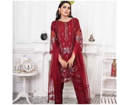 Bint al Bilaad Fancy Embroidered Suit For Women - Red - Pack of 3 PCS Bint al Bilaad Fancy Embroidered Suit For Women - Red - Pack of 3 PCS