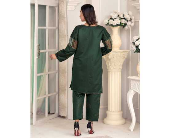 Bint al Bilaad Khadi Viscose Embroidered Suit For Women - Dark Green - Pack of 2 PCS Bint al Bilaad Khadi Viscose Embroidered Suit For Women - Dark Green - Pack of 2 PCS