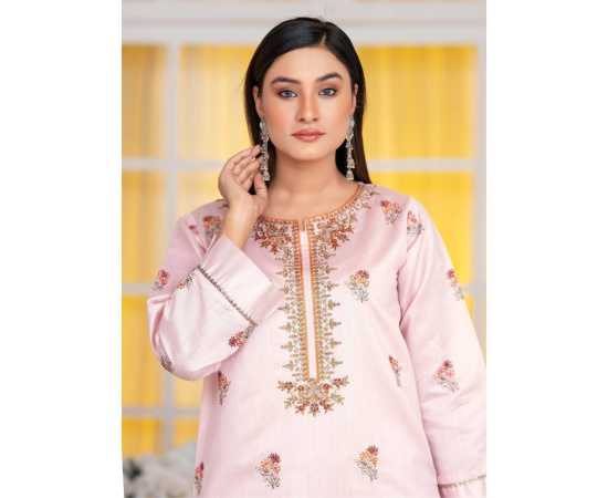 Bint al Bilaad Khadi Viscose Fancy Embroidered Suit For Women - Light Pink - Pack of 2 PCS Bint al Bilaad Khadi Viscose Fancy Embroidered Suit For Women - Light Pink - Pack of 2 PCS