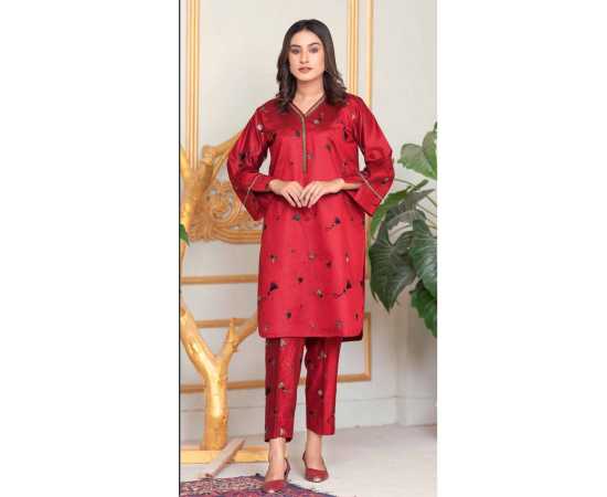 Bint al Bilaad Khadi Viscose Fancy Embroidered Suit For Women - Red - Pack of 2 PCS Bint al Bilaad Khadi Viscose Fancy Embroidered Suit For Women - Red - Pack of 2 PCS