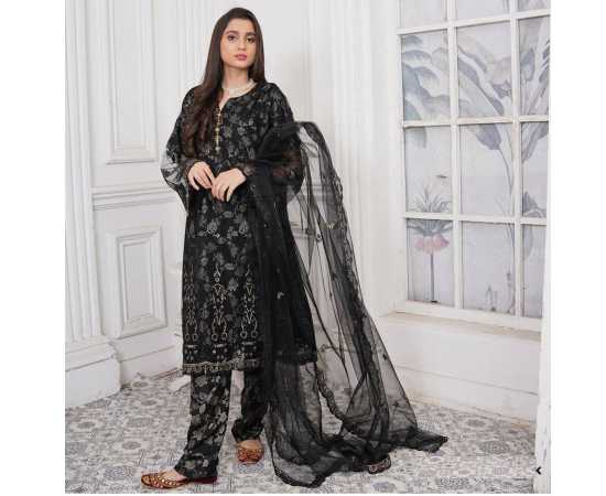 Bint al Bilaad Fancy Embroidered Suit For Women - Black - Pack of 3 PCS Bint al Bilaad Fancy Embroidered Suit For Women - Black - Pack of 3 PCS