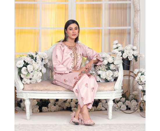 Bint al Bilaad Khadi Viscose Fancy Embroidered Suit For Women - Light Pink - Pack of 2 PCS Bint al Bilaad Khadi Viscose Fancy Embroidered Suit For Women - Light Pink - Pack of 2 PCS