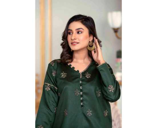 Bint al Bilaad Khadi Viscose Fancy Embroidered Suits For Women - Dark Green - Pack of 2 PCS Bint al Bilaad Khadi Viscose Fancy Embroidered Suits For Women - Dark Green - Pack of 2 PCS