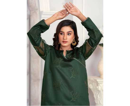 Bint al Bilaad Khadi Viscose Embroidered Suit For Women - Dark Green - Pack of 2 PCS Bint al Bilaad Khadi Viscose Embroidered Suit For Women - Dark Green - Pack of 2 PCS