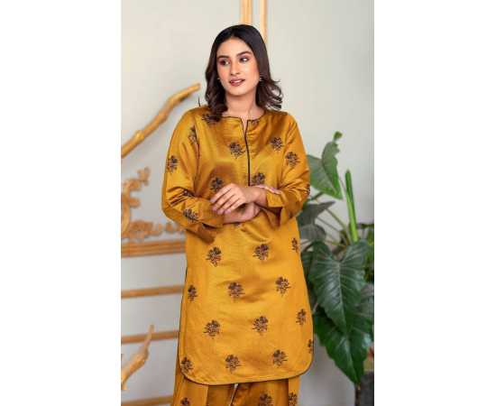 Bint al Bilaad Khadi Viscose Embroidered Suit For Women - Yellow - Pack of 2 PCS Bint al Bilaad Khadi Viscose Embroidered Suit For Women - Yellow - Pack of 2 PCS