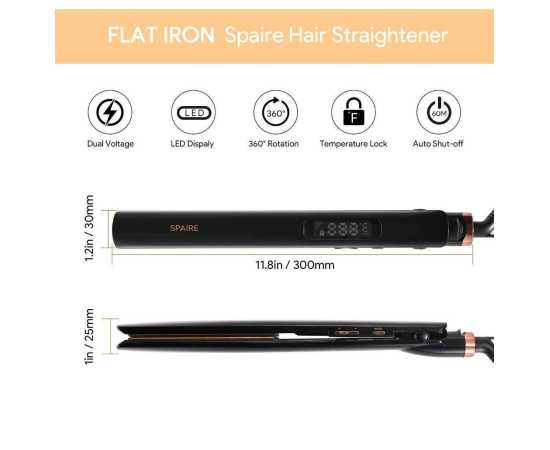 Spaire Hair Straightener, Titanium 1 Inch Ultra-Thin Flat Iron, 15 Steps Adjustable 60M