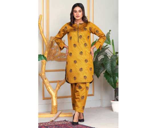 Bint al Bilaad Khadi Viscose Embroidered Suit For Women - Yellow - Pack of 2 PCS Bint al Bilaad Khadi Viscose Embroidered Suit For Women - Yellow - Pack of 2 PCS