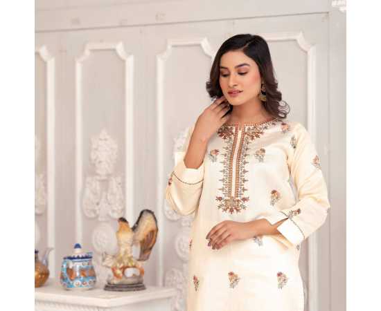 Bint al Bilaad Khadi Viscose Embroidered Suit For Women - Off White - Pack of 2 PCS Bint al Bilaad Khadi Viscose Embroidered Suit For Women - Off White - Pack of 2 PCS