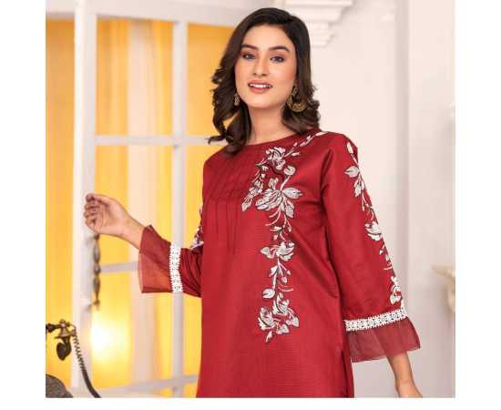 Bint al Bilaad Khadi Viscose Stylish Embroidered Suit For Women - Red - Pack of 2 PCS Bint al Bilaad Khadi Viscose Stylish Embroidered Suit For Women - Red - Pack of 2 PCS