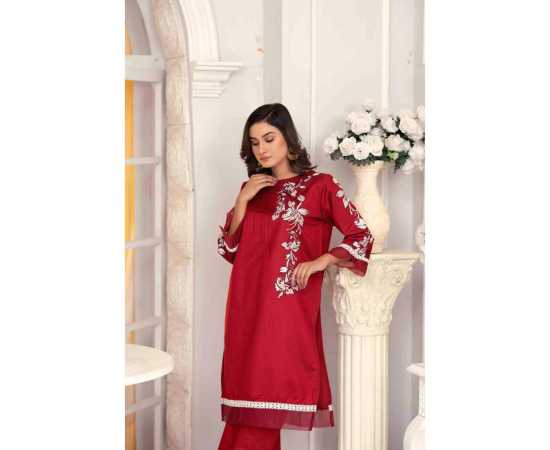 Bint al Bilaad Khadi Viscose Stylish Embroidered Suit For Women - Red - Pack of 2 PCS Bint al Bilaad Khadi Viscose Stylish Embroidered Suit For Women - Red - Pack of 2 PCS