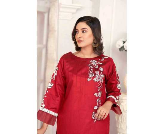 Bint al Bilaad Khadi Viscose Stylish Embroidered Suit For Women - Red - Pack of 2 PCS Bint al Bilaad Khadi Viscose Stylish Embroidered Suit For Women - Red - Pack of 2 PCS
