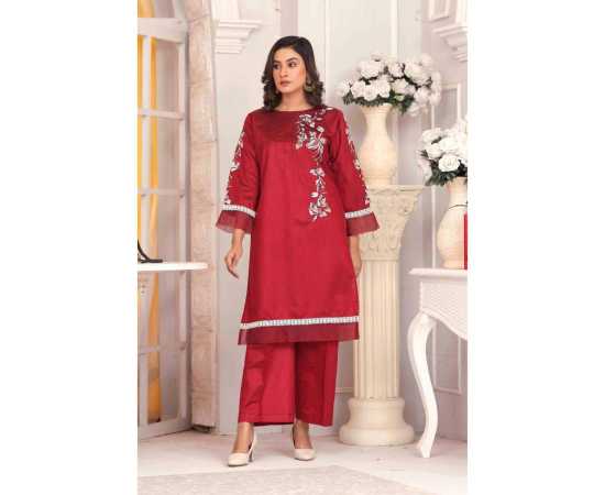 Bint al Bilaad Khadi Viscose Stylish Embroidered Suit For Women - Red - Pack of 2 PCS Bint al Bilaad Khadi Viscose Stylish Embroidered Suit For Women - Red - Pack of 2 PCS
