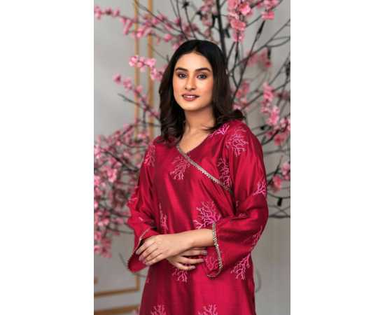 Bint al Bilaad Khadi Viscose Embroidered Suit For Women - Red - Pack of 2 PCS Bint al Bilaad Khadi Viscose Embroidered Suit For Women - Red - Pack of 2 PCS