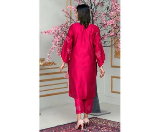 Bint al Bilaad Khadi Viscose Embroidered Suit For Women - Red - Pack of 2 PCS Bint al Bilaad Khadi Viscose Embroidered Suit For Women - Red - Pack of 2 PCS