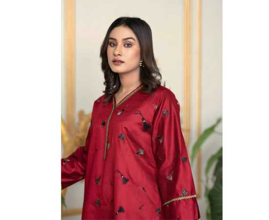 Bint al Bilaad Khadi Viscose Fancy Embroidered Suit For Women - Red - Pack of 2 PCS Bint al Bilaad Khadi Viscose Fancy Embroidered Suit For Women - Red - Pack of 2 PCS