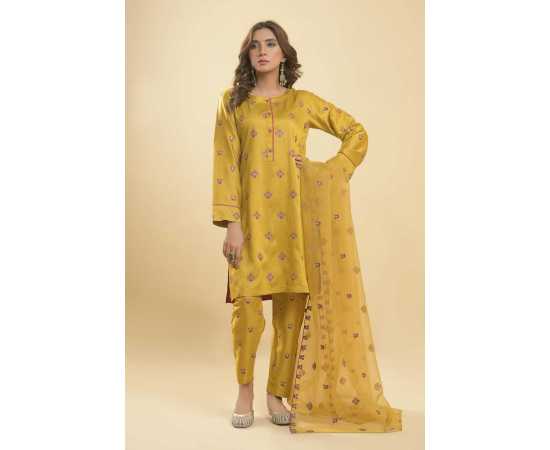 Needleast Silk Linen Shirt, Trouser & Dupatta Mehndi Color Stitched Suit For Women - Pack of 3 PCS