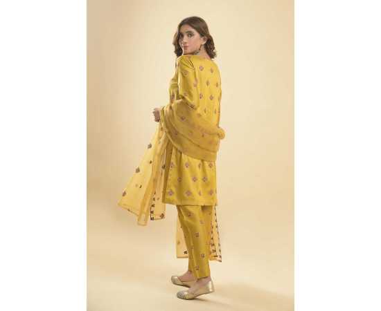 Needleast Silk Linen Shirt, Trouser & Dupatta Mehndi Color Stitched Suit For Women - Pack of 3 PCS