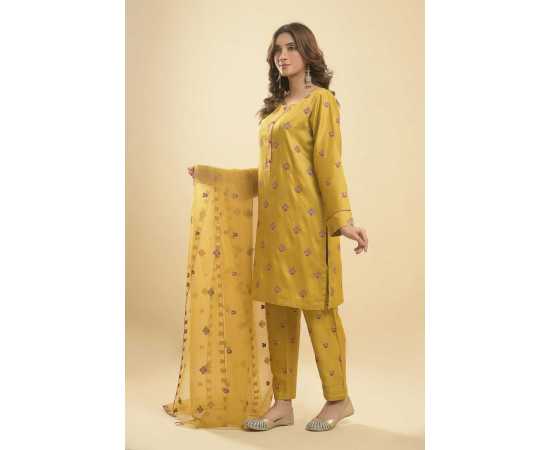 Needleast Silk Linen Shirt, Trouser & Dupatta Mehndi Color Stitched Suit For Women - Pack of 3 PCS