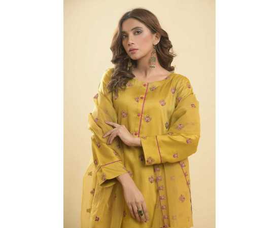 Needleast Silk Linen Shirt, Trouser & Dupatta Mehndi Color Stitched Suit For Women - Pack of 3 PCS