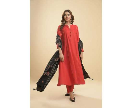 Needleast Blended Wool Shirt, Trouser & Shawl Red Berry Stitched Suit For Women - Pack of 3 PCS
