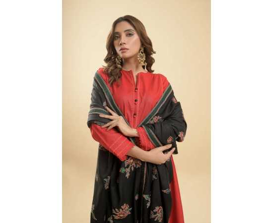 Needleast Blended Wool Shirt, Trouser & Shawl Red Berry Stitched Suit For Women - Pack of 3 PCS