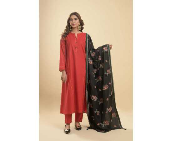 Needleast Blended Wool Shirt, Trouser & Shawl Red Berry Stitched Suit For Women - Pack of 3 PCS