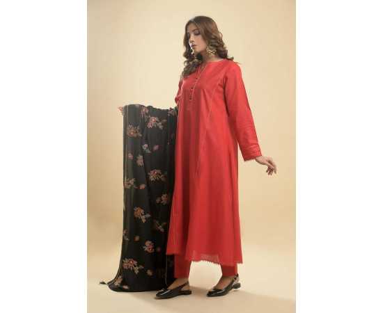 Needleast Blended Wool Shirt, Trouser & Shawl Red Berry Stitched Suit For Women - Pack of 3 PCS