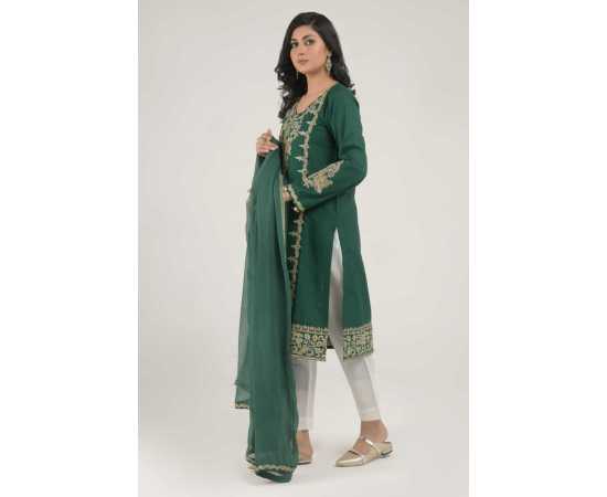 Needleast Khaddar Shirt & Dupatta Green Color Stitched Suit For Women - Pack of 2 PCS