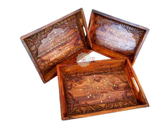 Serving Tray Set Of 3 Trays With Beautiful Hand Carvingt