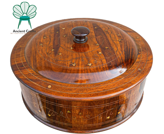 Wooden Hot Pot With Brass Work Handmade For Kitchen 12"X 12 - 1 Piece