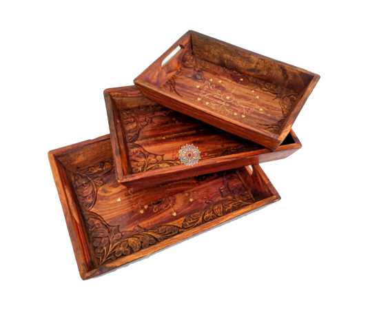 Serving Tray Set Of 3 Trays With Beautiful Hand Carvingt