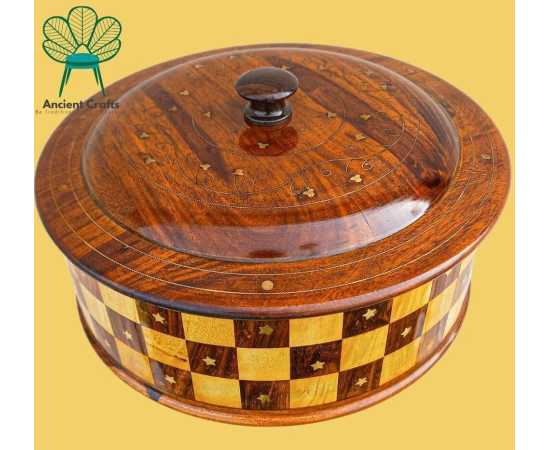 Wooden Hot Pot With Brass Work Handmade Kitchen Accessories 12"X 12 - 1 Piece