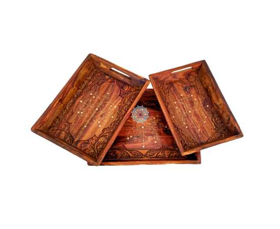 Serving Tray Set Of 3 Trays With Beautiful Hand Carvingt