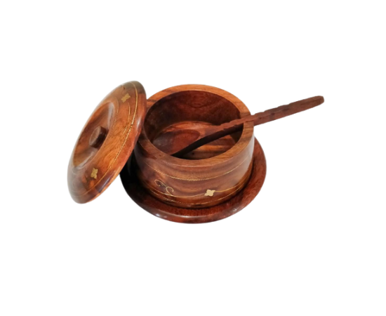 Hand Crafted Brass Work Wooden Sugar Bowl Spice Jar With Lid Spoon