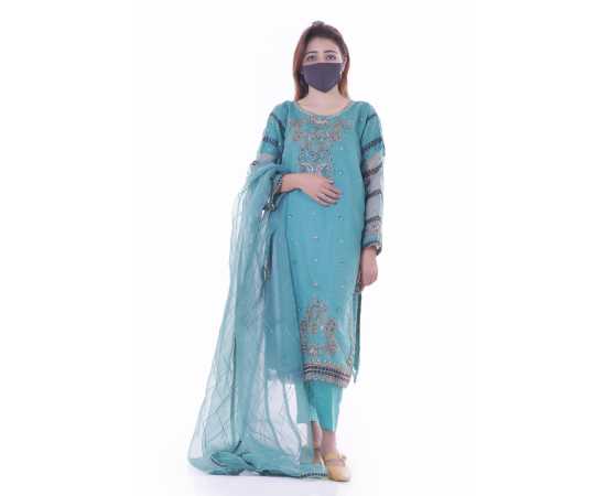 Organza Embroidered Stitched Luxury Formal Three Piece Suit - Sky Blue - BAB16 Organza Embroidered Stitched Luxury Formal Three Piece Suit - Sky Blue - BAB16